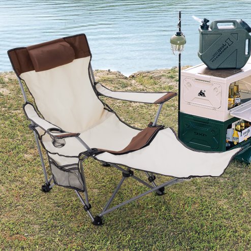 Living and Home Outdoor 2-In-1 Foldable Camping Chair with Footrest, Lounge Chair, Beige Image