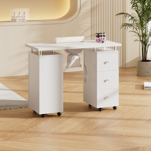 Living and Home White Manicure Table with Dust Collector and Wrist Cushion, 108 cm W x 45 cm D x 78 cm H