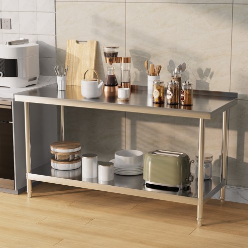 Living and Home 2 Tier Commercial Kitchen Prep & Work Stainless Steel Table with Backsplash