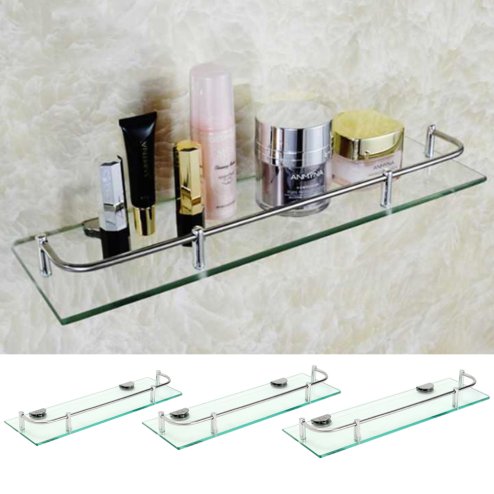 Living and Home 38.5/50/60cm Wall Mounted Tempered Glass Bathroom Shelf, 6mm Thick Glass Toiletries Storage Organizer with Guardrail