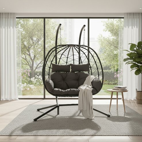 Living and Home 2-Seater Swing Hanging Egg Chair with Metal Stand, Adjustable Chains, Indoor/Outdoor Use