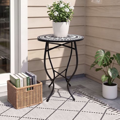 Living and Home Outdoor Mosaic Accent Side Table Round Plant Stand, 36cm Dia x 54cm H