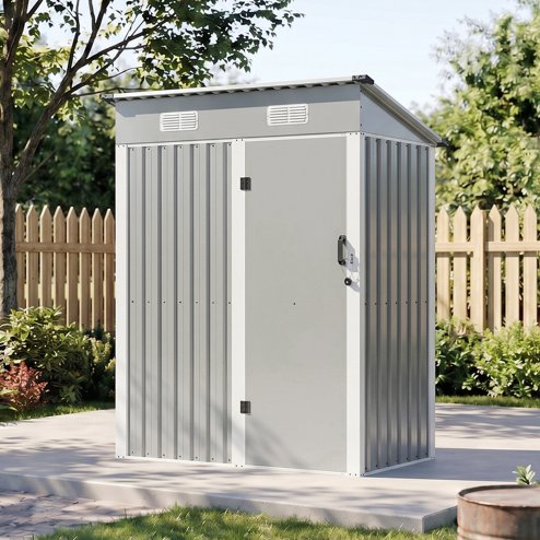 Living and Home 4.92x2.95ft Outdoor Metal Storage Shed, Pent Roof Garden Tool House with Lockable Door, Vents, Grey & White