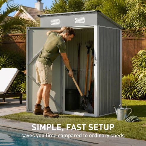 Living and Home 4.92x2.95ft Outdoor Metal Storage Shed, Pent Roof Garden Tool House with Lockable Door, Vents, Grey & White