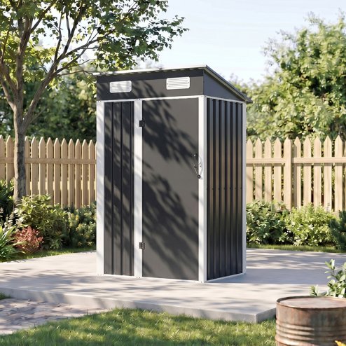 Living and Home 3.94x2.95ft Outdoor Metal Storage Shed, Pent Roof Garden Tool House with Lockable Door & Vents, Black & White