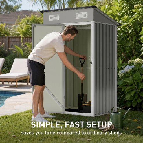 Living and Home 3.94x2.95ft Outdoor Metal Storage Shed, Pent Roof Garden Tool House with Lockable Door & Vents, Grey & White