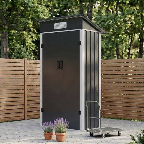 Living and Home 2.95x1.97ft Outdoor Metal Storage Shed, Pent Roof Garden Tool House with Lockable Double Doors & Vent, Black+White