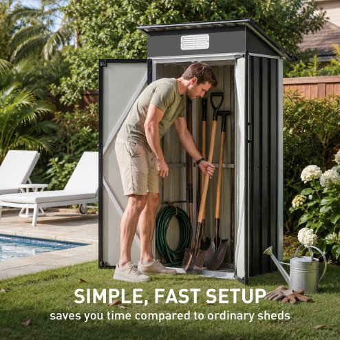Living and Home 2.95x1.97ft Outdoor Metal Storage Shed, Pent Roof Garden Tool House with Lockable Double Doors & Vent, Black+White