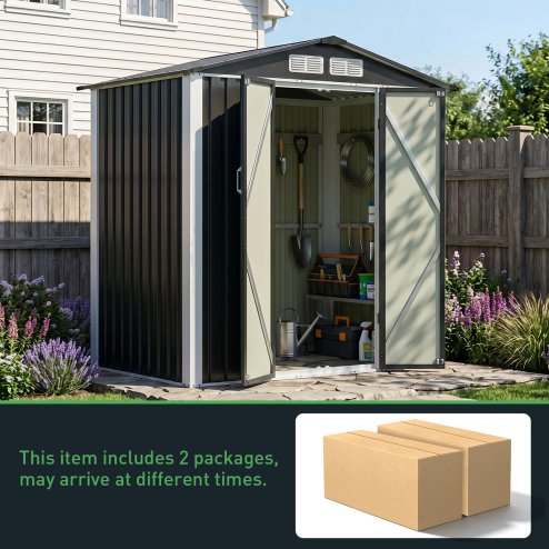 Living and Home 5.91x3.94ft Apex Roof Metal Storage Shed, Outdoor Garden Tool House with Lockable Double Doors & Vents, Black & White