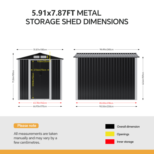 Living and Home 5.91x7.87ft Apex Roof Metal Storage Shed, Outdoor Garden Tool House with Lockable Sliding Door & Vents, Black & White