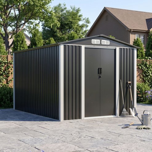Living and Home 7.87x9.84ft Apex Roof Metal Storage Shed, Outdoor Garden Tool House with Lockable Sliding Door & Vents, Black & White