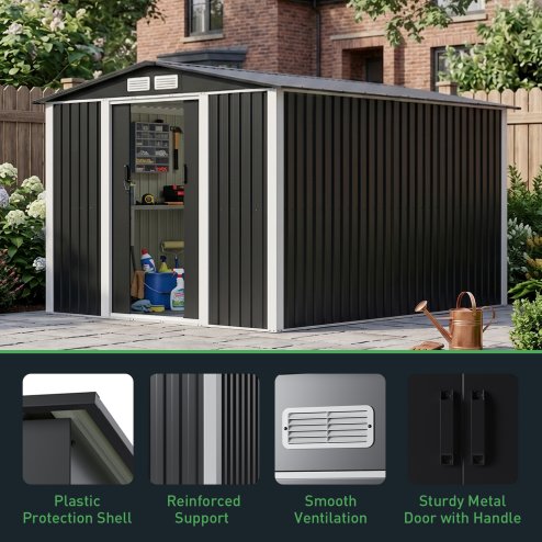 Living and Home 7.87x9.84ft Apex Roof Metal Storage Shed, Outdoor Garden Tool House with Lockable Sliding Door & Vents, Black & White