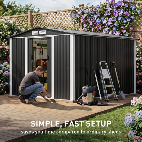 Living and Home 7.87x9.84ft Apex Roof Metal Storage Shed, Outdoor Garden Tool House with Lockable Sliding Door & Vents, Black & White