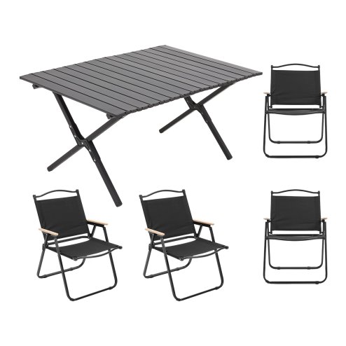 Living and Home 90cm X-Shaped Portable Folding Camping Table & Chair Set, 90cm Black Roll Top Table + 4 Folding Kermit Chairs with Wood Armrests, Outdoor Picnic Furniture with Carry Bags