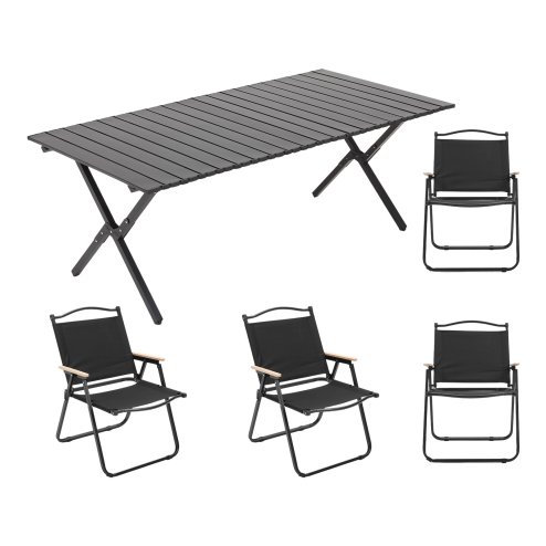 Living and Home 120cm X-Shaped Portable Folding Camping Table & Chair Set, 120cm Black Roll Top Table + 4 Folding Kermit Chairs with Wood Armrests, Outdoor Picnic Furniture with Carry Bags
