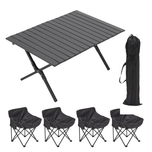 Living and Home 90cm X-Shaped Folding Camping Table & Chair Set, 90cm Black Roll Top Table + 4 Low-Back Moon Chairs, Portable Outdoor Picnic Furniture with Carry Bags