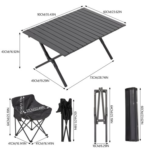 Living and Home 90cm X-Shaped Folding Camping Table & Chair Set, 90cm Black Roll Top Table + 4 Low-Back Moon Chairs, Portable Outdoor Picnic Furniture with Carry Bags
