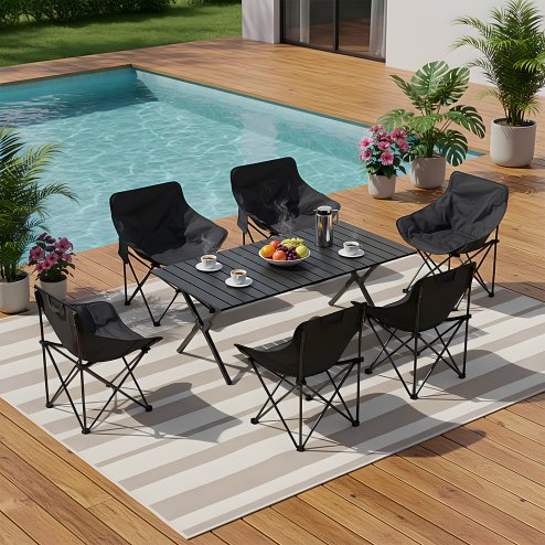 Living and Home 120cm X-Shaped Folding Camping Table & Chair Set, 120cm Black Roll Top Table + 6 Low-Back Moon Chairs, Portable Outdoor Picnic Furniture with Carry Bags