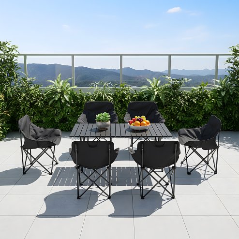 Living and Home 120cm X-Shaped Folding Camping Table & Chair Set, 120cm Black Roll Top Table + 6 Low-Back Moon Chairs, Portable Outdoor Picnic Furniture with Carry Bags