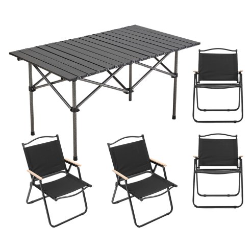 Living and Home 95cm Portable Folding Camping Table & Chair Set, 95cm Black Roll-Top Table + 4 Kermit Chairs with Wood Armrests, Outdoor Picnic Furniture with Carry Bag