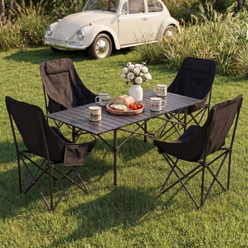 Living and Home Portable 95cm Folding Camping Table & Chair Set, 95cm Black Roll-Top Table + 4 High-Back Moon Chairs, Outdoor Picnic Furniture with Carry Bag