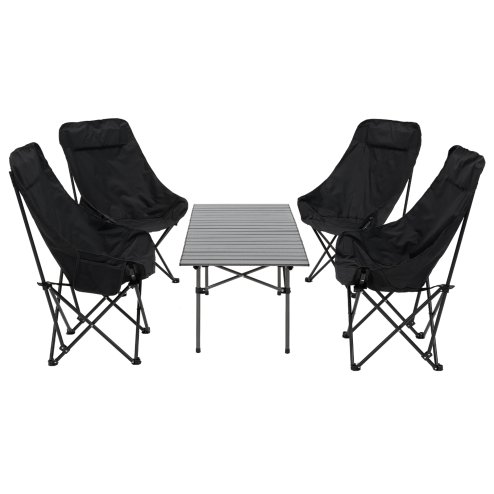 Living and Home Portable 95cm Folding Camping Table & Chair Set, 95cm Black Roll-Top Table + 4 High-Back Moon Chairs, Outdoor Picnic Furniture with Carry Bag