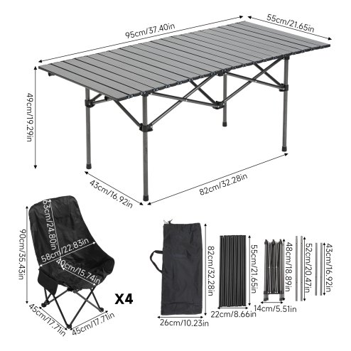 Living and Home Portable 95cm Folding Camping Table & Chair Set, 95cm Black Roll-Top Table + 4 High-Back Moon Chairs, Outdoor Picnic Furniture with Carry Bag