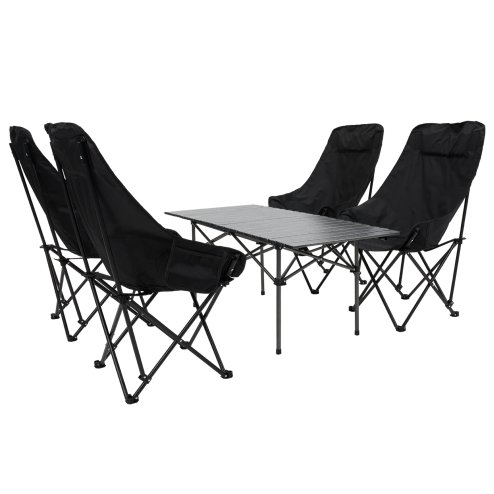 Living and Home Portable 95cm Folding Camping Table & Chair Set, 95cm Black Roll-Top Table + 4 High-Back Moon Chairs, Outdoor Picnic Furniture with Carry Bag