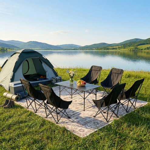 Living and Home 120cm Portable Folding Camping Table & Chair Set, 120cm Black Roll-Top Table + 6 High-Back Moon Chairs, Outdoor Picnic Furniture with Carry Bag