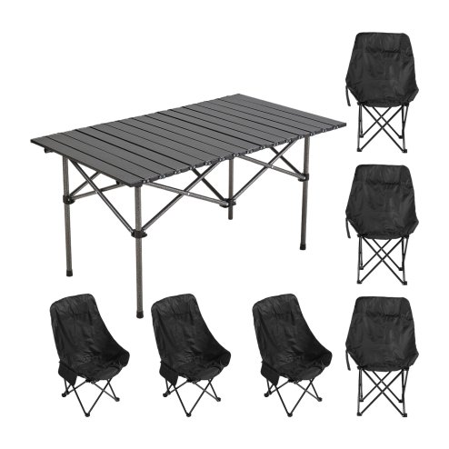 Living and Home 120cm Portable Folding Camping Table & Chair Set, 120cm Black Roll-Top Table + 6 High-Back Moon Chairs, Outdoor Picnic Furniture with Carry Bag
