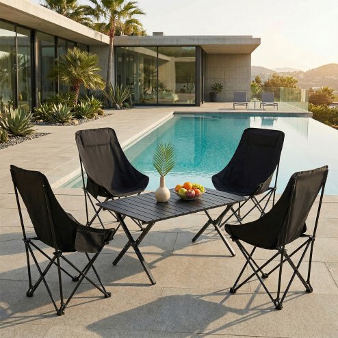 Living and Home 90cm X-Shaped Folding Camping Table & Chair Set, 90cm Black Roll-Top Table + 4 High-Back Moon Chairs, Portable Outdoor Picnic Furniture with Carry Bag