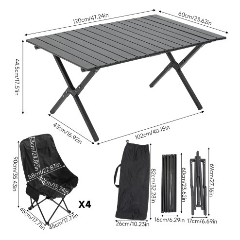 Living and Home 90cm X-Shaped Folding Camping Table & Chair Set, 90cm Black Roll-Top Table + 4 High-Back Moon Chairs, Portable Outdoor Picnic Furniture with Carry Bag