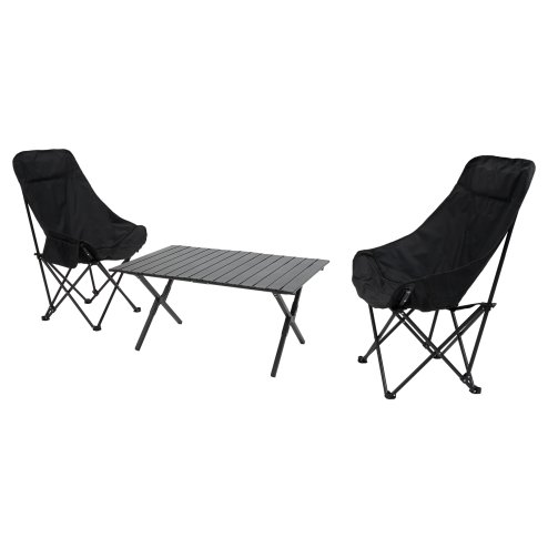 Living and Home 90cm X-Shaped Folding Camping Table & Chair Set, 90cm Black Roll-Top Table + 4 High-Back Moon Chairs, Portable Outdoor Picnic Furniture with Carry Bag