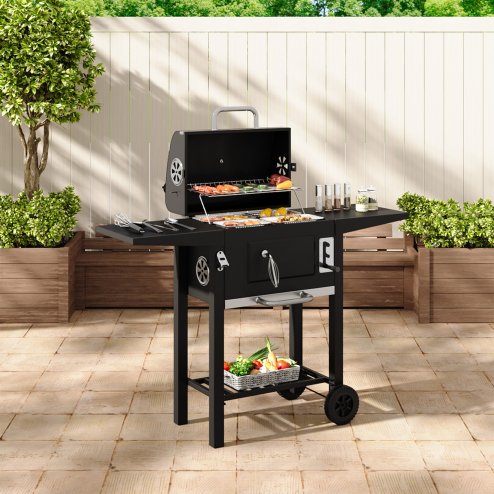 Living and Home Outdoor Portable Carbon Steel Charcoal Grill with Side Tables, Large Capacity, Black