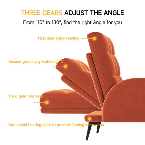 Living and Home Frosted Velvet Leisure Recliner with Footstool Metal Legs, Adjustable 110°-180° Recline, Orange