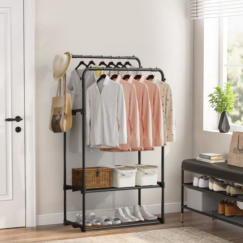 Living and Home Double Rod Metal Clothes Rack, Freestanding Clothing Rail Image