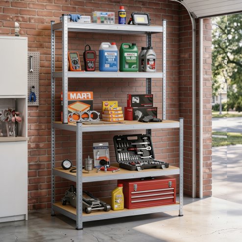 Living and Home 5-Tier Silver Galvanized Steel Storage Shelving Unit, Adjustable Heavy Duty Garage Rack with 33mm Boards, 175KG Per Layer Load Capacity