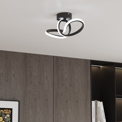 Living and Home 28cm Black Abstract Twisted Loop LED Ceiling Light, 20W 6500K Cool White Flush Mount Hallway Lamp Made of Aluminum & Silicone Image