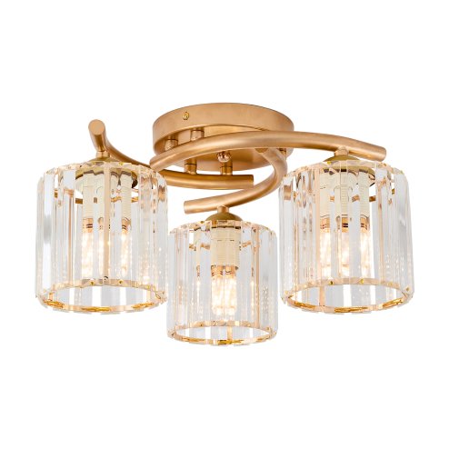 Living and Home 3-Light Gold Flush Mount Ceiling Light, Metal Frame Vertical Crystal Glass Shade Ceiling Lamp, E27 Socket Ceiling Fixture (Bulbs Not Included) Image