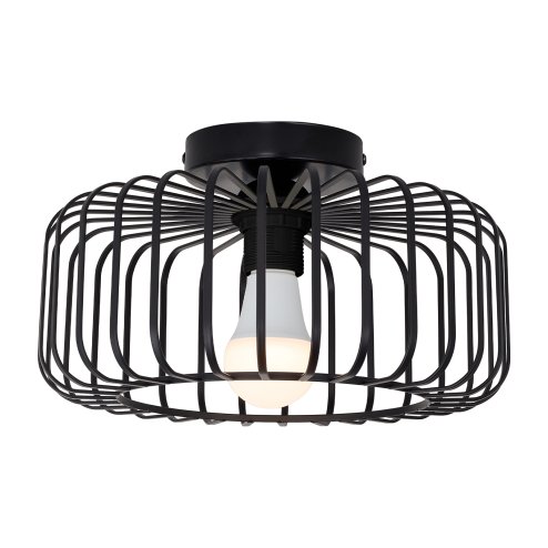 Living and Home Black Metal Wire Cage Flush Mount Ceiling Light, E27 Single Lamp Holder Industrial Ceiling Lamp with 3 Color LED Bulb, Wall Controlled Lighting Fixture Image