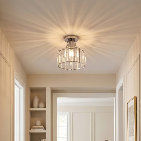 Living and Home 19cm Chrome Cylinder Crystal Flush Mount Ceiling Light, E27 Single Lamp Holder Metal Frame Corridor Ceiling Lamp (Bulbs Not Included) Image