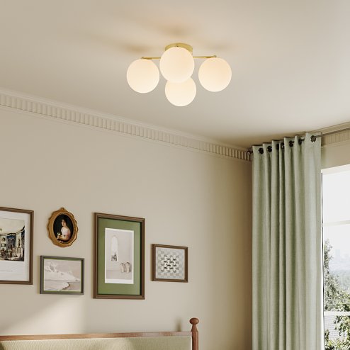 Living and Home 4-Light Gold Semi Flush Mount Ceiling Light, Milky White Glass Globe Shade E27 Ceiling Lamp, Wall Controlled Bedroom Lighting Fixture (Bulbs Not Included) Image