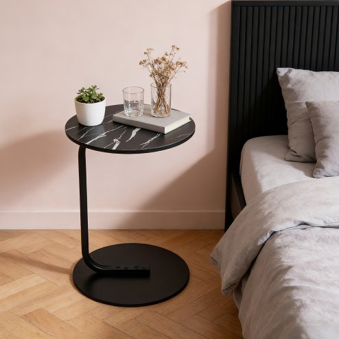 39cm Dia C-Shaped Side Table, Black Marble Image