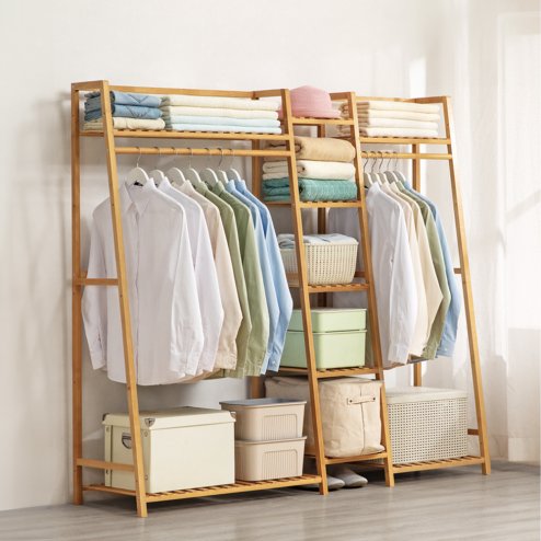 Living and Home Trapezoid Bamboo Garment Rack with Tiered Storage Shelves, Natural Image