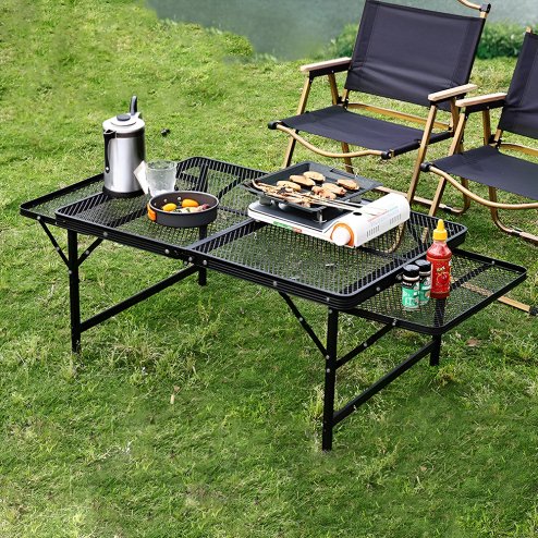 Living and Home Black Outdoor Portable Height-Adjustable Folding Camping Table, 135cm (W) x 60cm (D) x 70cm (H) Image