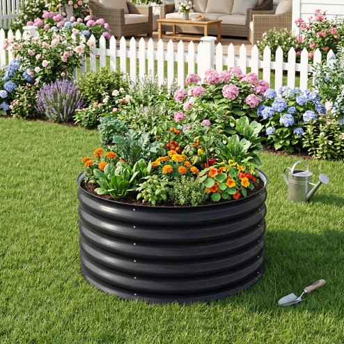 Living and Home 80cm Dia x 43cm H Round Metal Raised Garden Bed, Planter Box