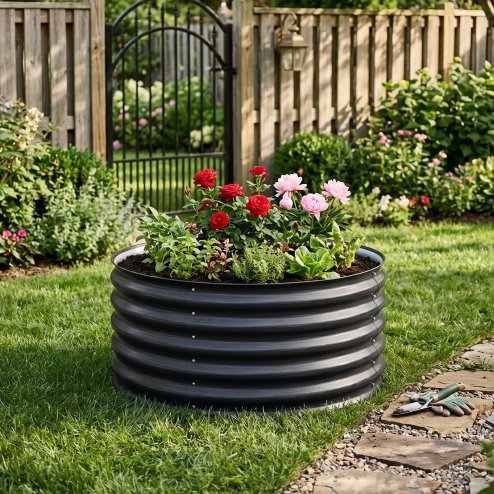 Living and Home 80cm Dia x 43cm H Round Metal Raised Garden Bed, Planter Box