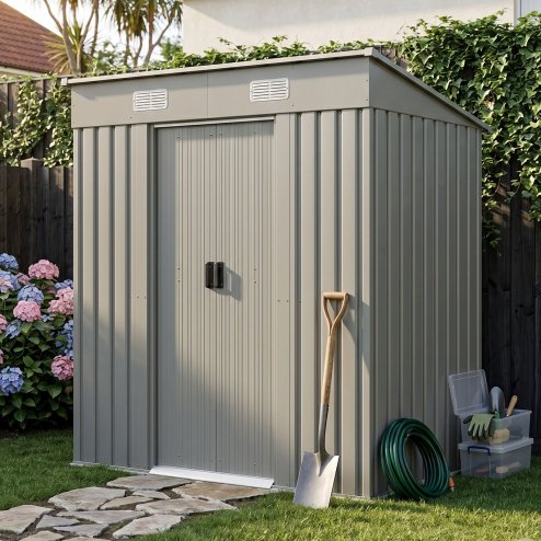 Living and Home 6.36 x 3.97FT Pent Roof Metal Garden Storage Shed with Lockable Sliding Doors, Matte Grey Sparkling