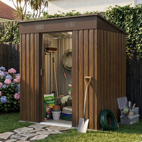 Living and Home 6.36 x 3.97FT Pent Roof Metal Garden Storage Shed with Lockable Sliding Doors, Brown Wood Grain