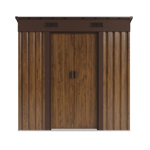 Living and Home 6.36 x 3.97FT Pent Roof Metal Garden Storage Shed with Lockable Sliding Doors, Brown Wood Grain